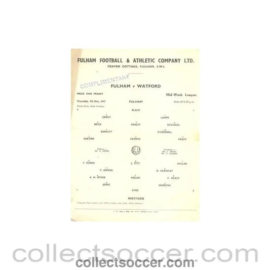 1955 - Fulham v Watford official programme 05/05/1955 Reserves - Collect Soccer