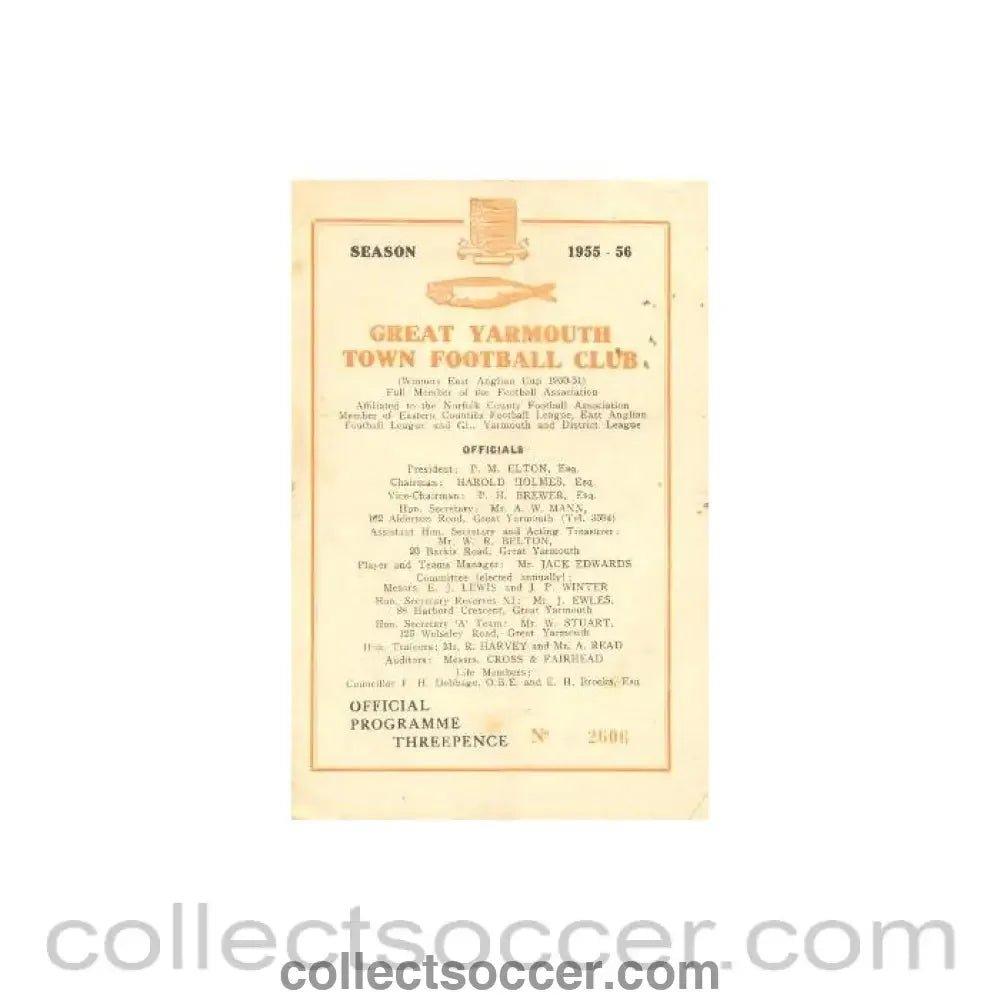 1955 - Great Yarmouth Town v Stowmarket Town official programme 10/09/1955 - Collect Soccer
