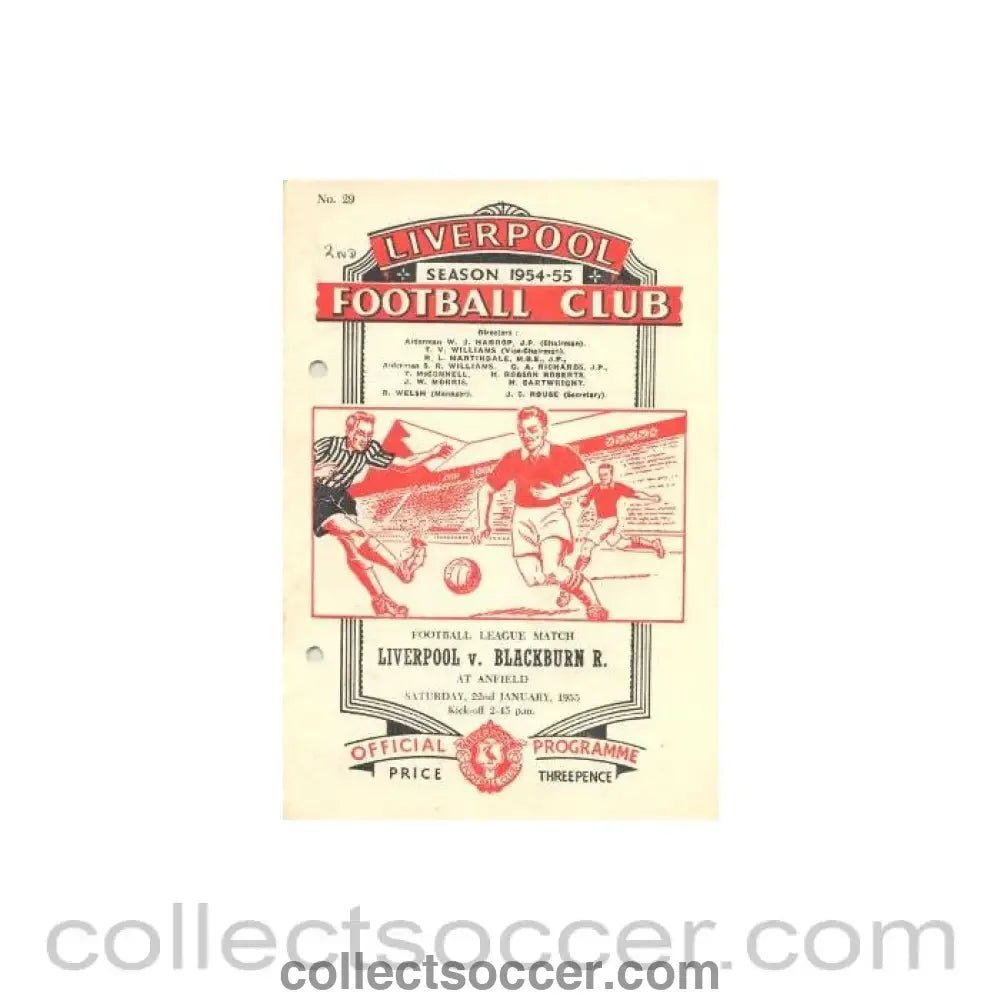 1955 - Liverpool v Blackburn official programme 22/01/1955, hole - punched and hence half price - Collect Soccer