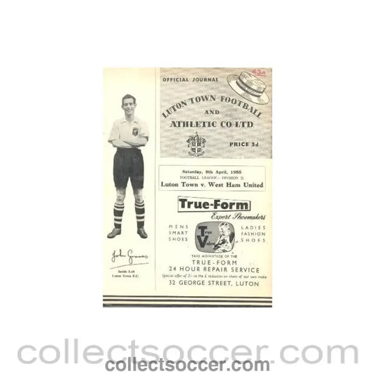 1955 - Luton Town v West Ham United official programme 09/04/1955 - Collect Soccer