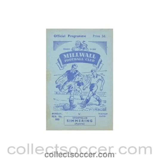 1955 - Millwall v Simmering, Austria official programme 07/02/1955 - Collect Soccer