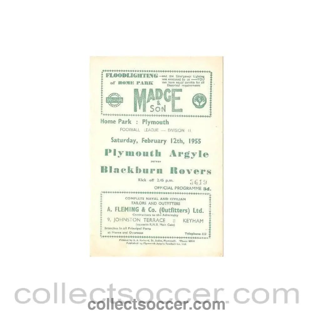 1955 - Plymouth Argile v Blackburn Rovers official programme 12/02/1955 - Collect Soccer