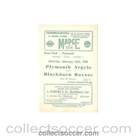 1955 - Plymouth Argile v Blackburn Rovers official programme 12/02/1955 - Collect Soccer