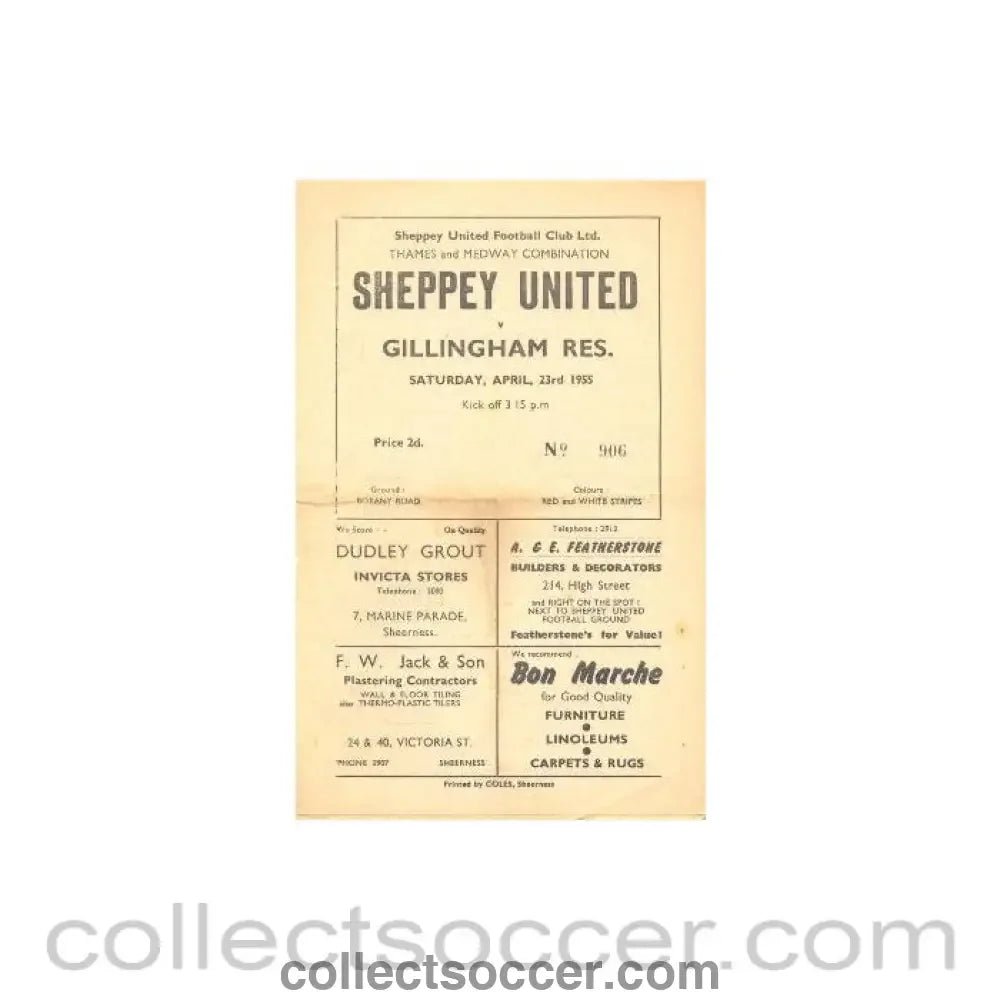 1955 - Sheppey United v Gillingham Reserves official programme 23/04/1955 - Collect Soccer