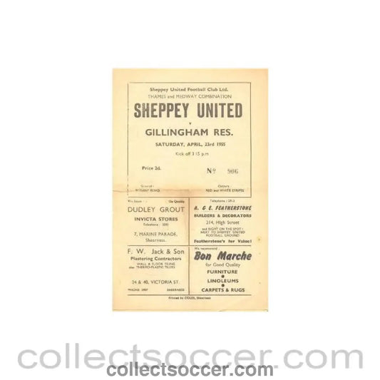 1955 - Sheppey United v Gillingham Reserves official programme 23/04/1955 - Collect Soccer