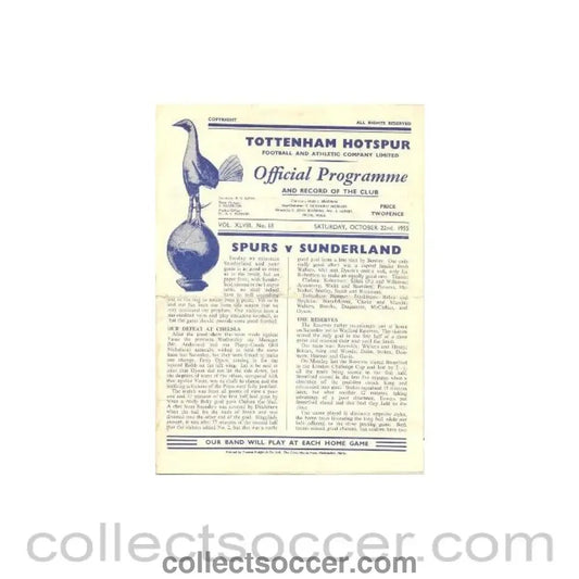 1955 - Tottenham Hotspur v Sunderland official programme 22/10/1955 Football League - Collect Soccer