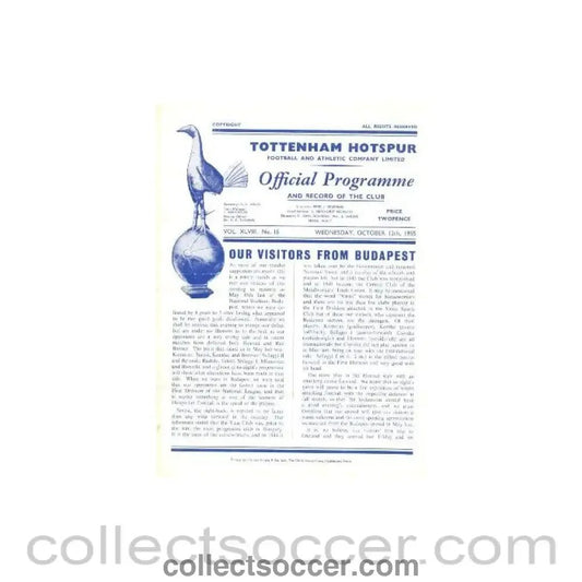 1955 - Tottenham Hotspur v Vasas Budapest official programme 12/10/1955 Floodlit - Collect Soccer
