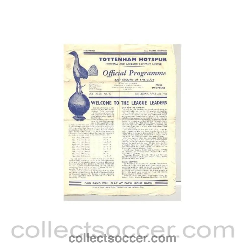 1955 - Tottenham Hotspur vChelsea official programme 02/04/1955 - Collect Soccer