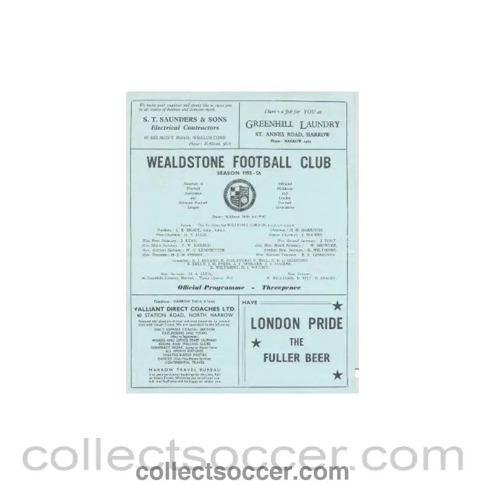 1955 - Wealdstone v Finchley official programme 1955 - 1956 - Collect Soccer