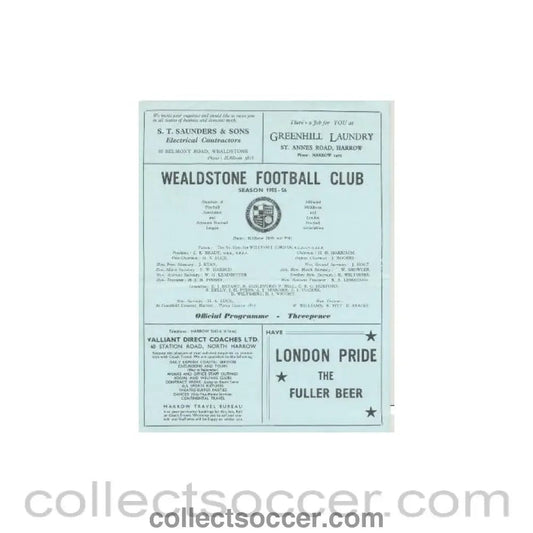 1955 - Wealdstone v Finchley official programme 1955 - 1956 - Collect Soccer