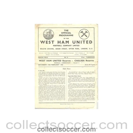 1955 - West Ham United Reserves v Chelsea Reserves official programme 12/02/1955 Football Combination, Chelsea Championship Season - Collect Soccer