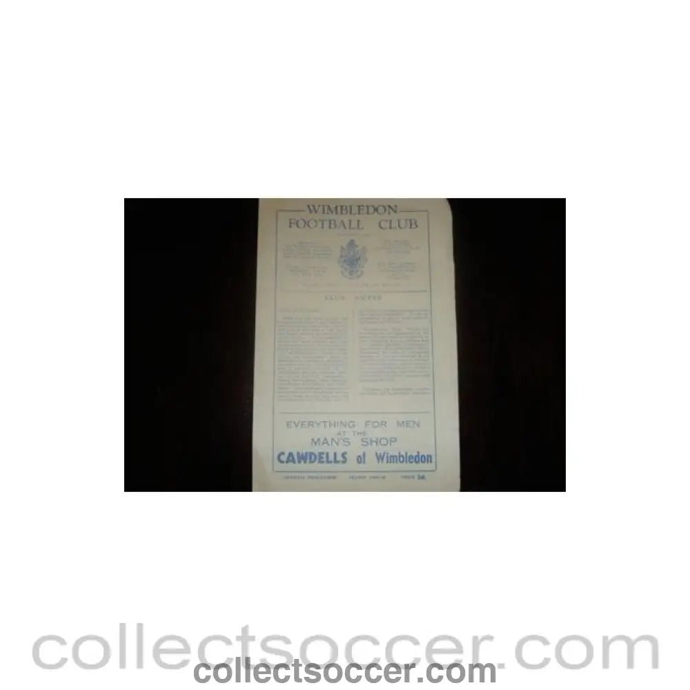1955 - Wimbledon v Lengnau, Bern, Switzerland official programme of season 1955-1956, Semi-Professional International - Collect Soccer