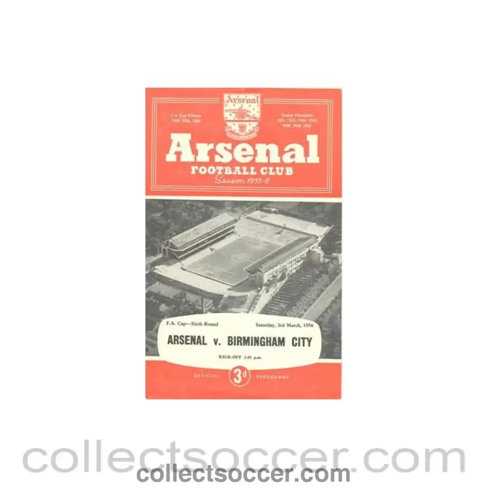 1956 - Arsenal v Birmingham official programme 03/03/1956 F.A. Cup - Collect Soccer