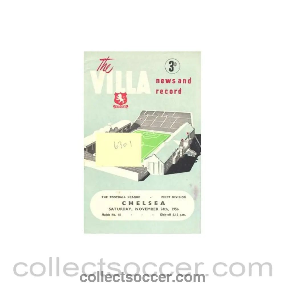 1956 - Aston Villa v Chelsea official programme 24/11/1956 Football League - Collect Soccer