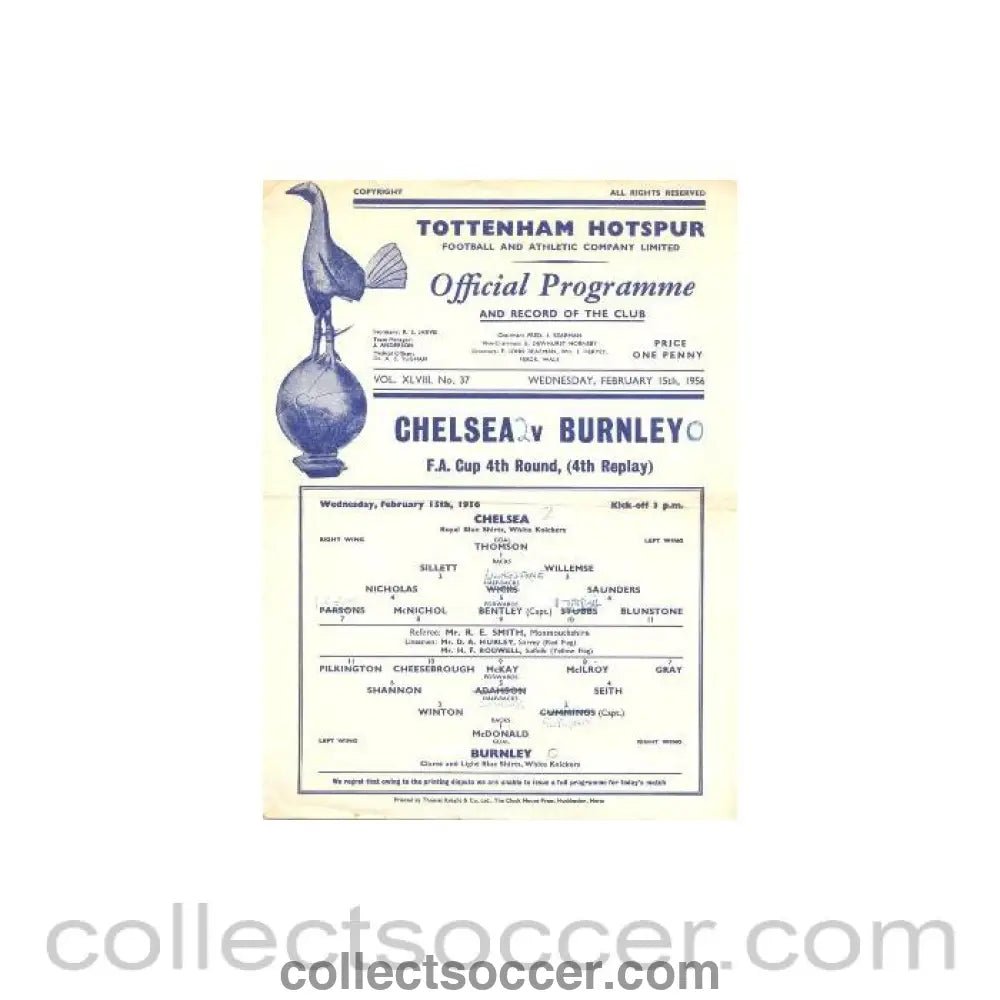 1956 - At Tottenham Hotsur - Chelsea v Burnley official programme 15/02/1956 FA Cup 4th round 4th replay - Collect Soccer
