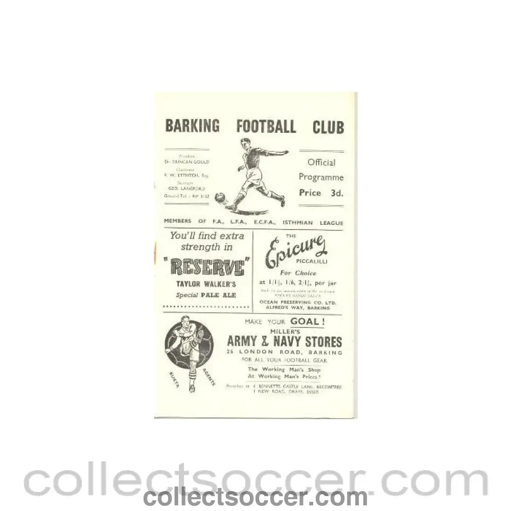 1956 - Barking v Tilbury official programme 08/09/1956 - Collect Soccer
