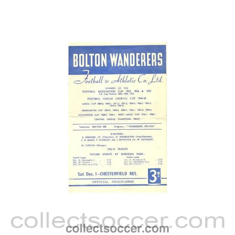 1956 - Bolton Wanderers Reserves v Chesterfield Reserves official programme 01/12/1956