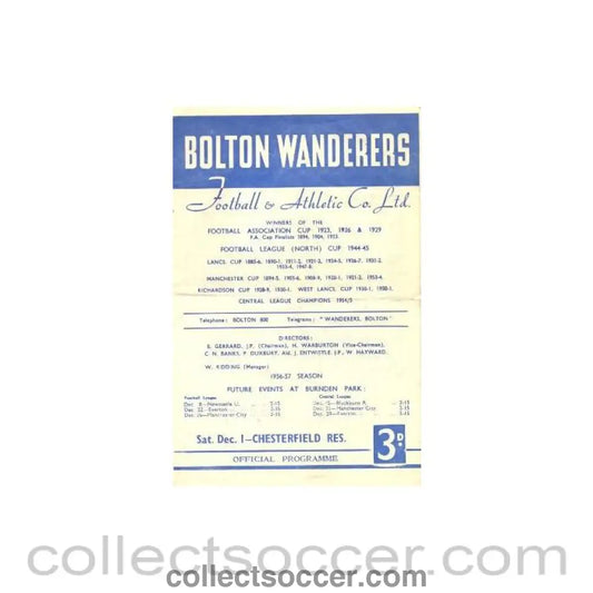 1956 - Bolton Wanderers Reserves v Chesterfield Reserves official programme 01/12/1956
