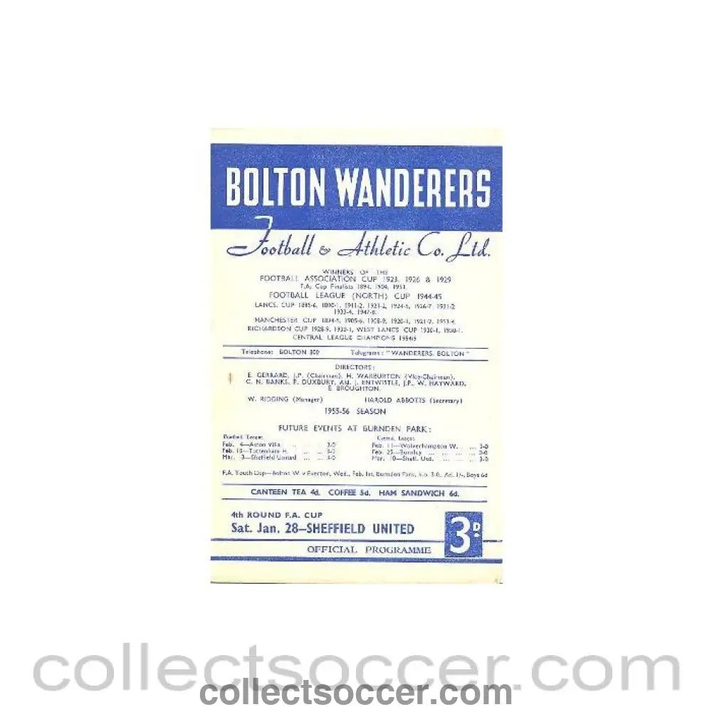 1956 - Bolton Wanderers v Sheffield United official programme 28/01/1956 - Collect Soccer