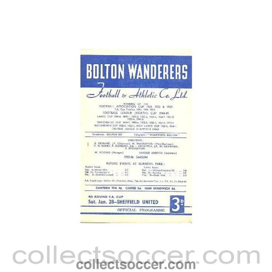 1956 - Bolton Wanderers v Sheffield United official programme 28/01/1956 - Collect Soccer