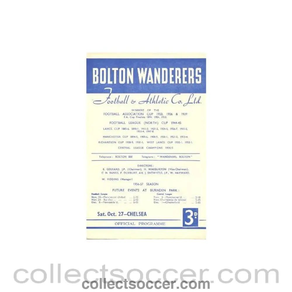 1956 - Bolton Wanderers vChelsea official programme 27/10/1956 - Collect Soccer