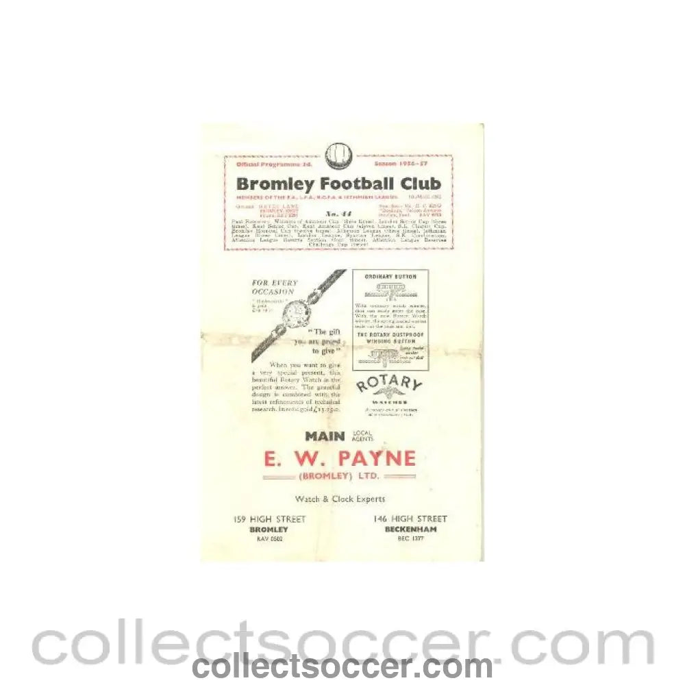 1956 - Bromley v Dulwich Hamlet official programme 1956-1957