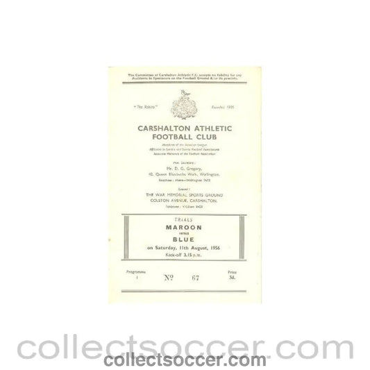 1956 - Carshalton practice match official programme Maroon v Blue 11/08/1956 - Collect Soccer