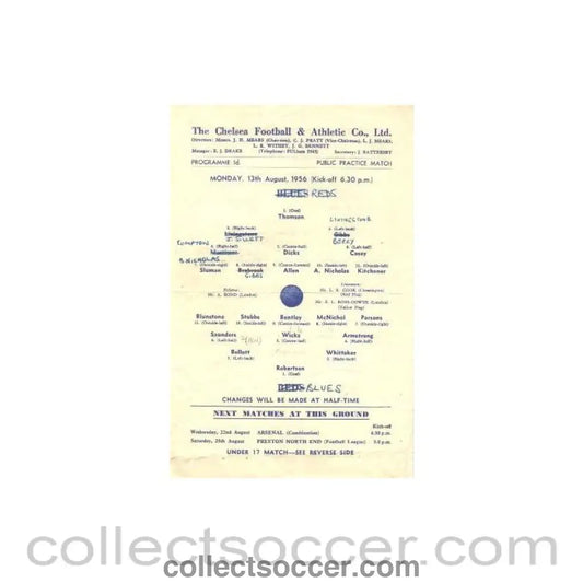 1956 - Chelsea training match Reds v Blues official programme 13/08/1956