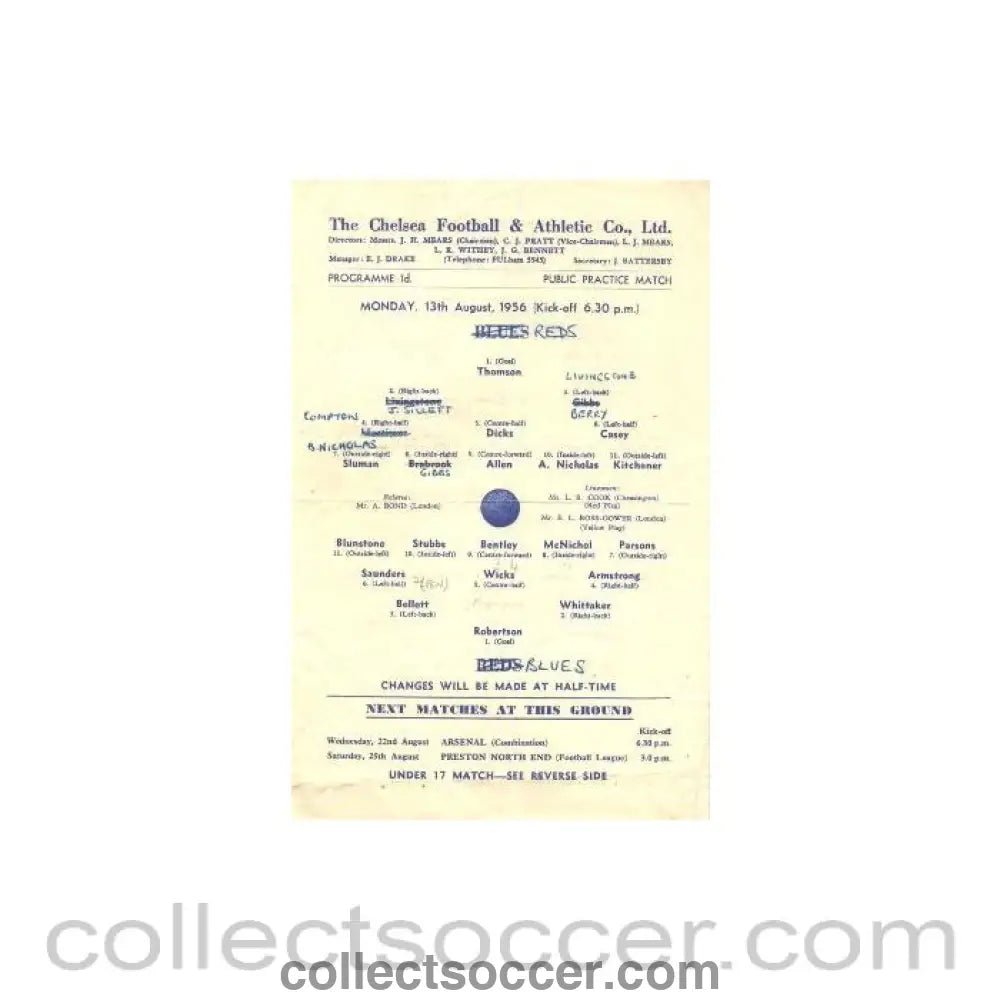1956 - Chelsea training match Reds v Blues official programme 13/08/1956 - Collect Soccer