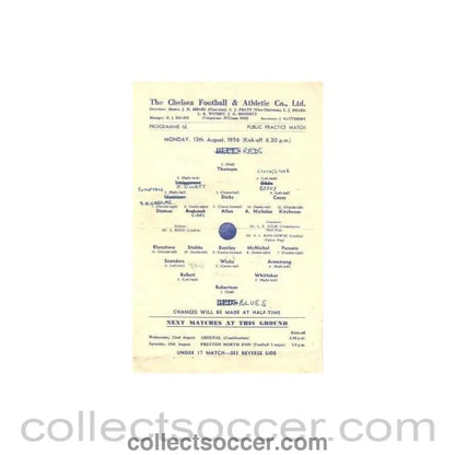 1956 - Chelsea training match Reds v Blues official programme 13/08/1956 - Collect Soccer