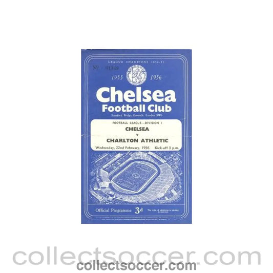 1956 - Chelsea v Charlton Athletic official programme 22/02/1956