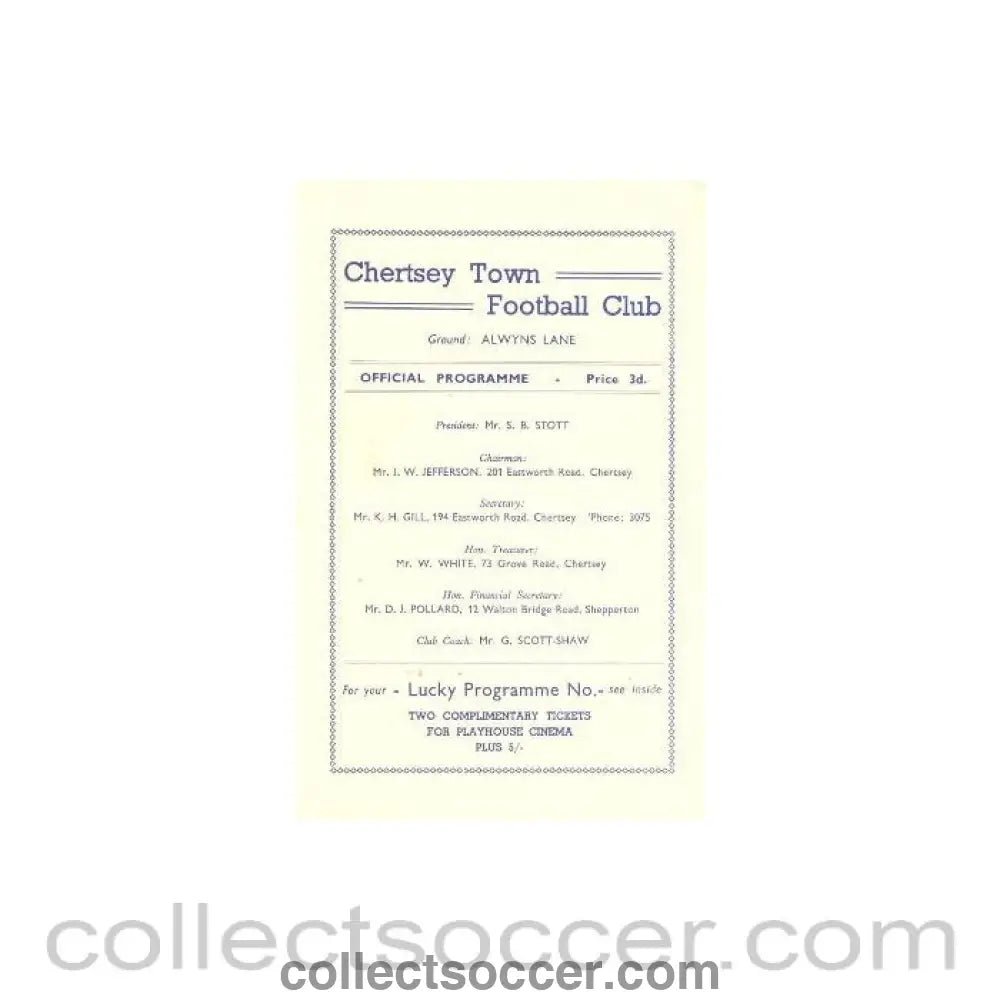 1956 - Chertsey Town v Muttenz official programme 02/04/1956 Friendly - Collect Soccer