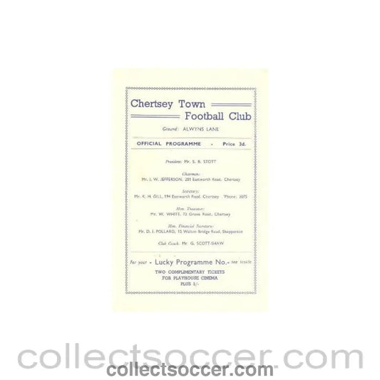 1956 - Chertsey Town v Muttenz official programme 02/04/1956 Friendly - Collect Soccer