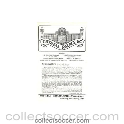 1956 - Crystal Palace v Army XI official programme 08/02/1956 - Collect Soccer