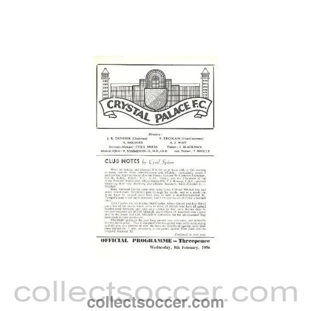 1956 - Crystal Palace v Army XI official programme 08/02/1956 - Collect Soccer