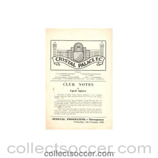 1956 - Crystal Palace v Brentford official programme 12/12/1956 - Collect Soccer