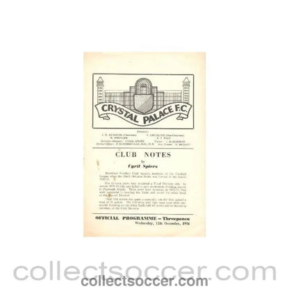 1956 - Crystal Palace v Brentford official programme 12/12/1956 - Collect Soccer