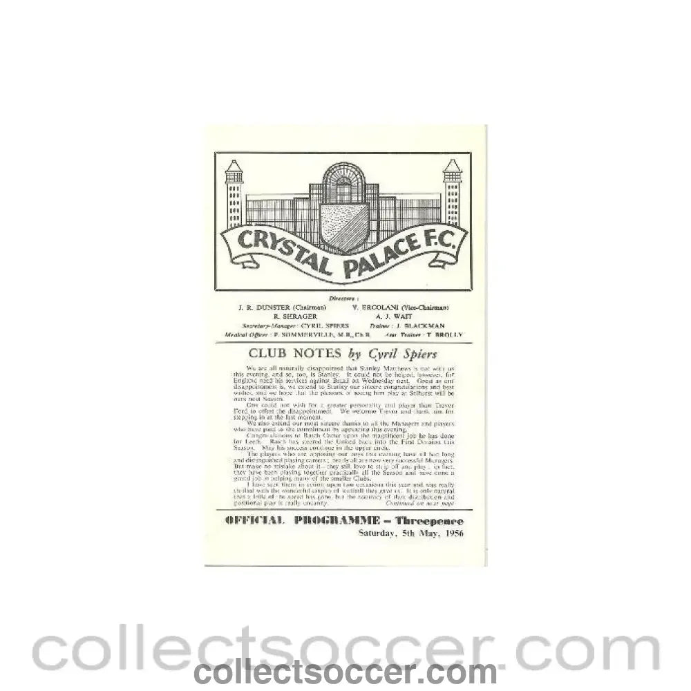 1956 - Crystal Palace v International Managers XI official programme 05/05/1956 - Collect Soccer