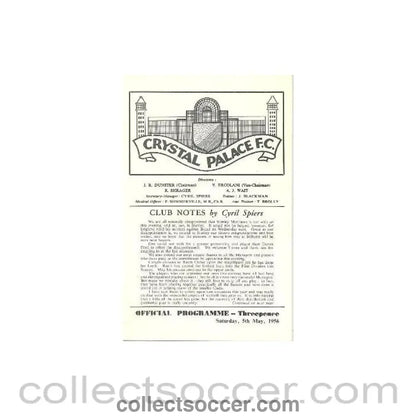 1956 - Crystal Palace v International Managers XI official programme 05/05/1956 - Collect Soccer