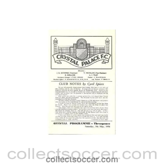 1956 - Crystal Palace v International Managers XI official programme 05/05/1956 - Collect Soccer