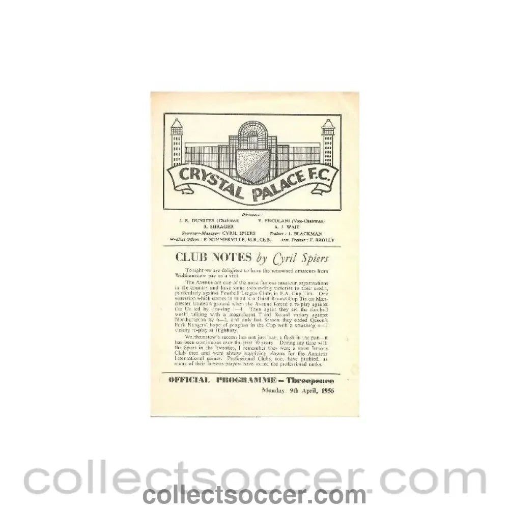 1956 - Crystal Palace v Walthamstow Avenue official programme 09/04/1956, - Collect Soccer