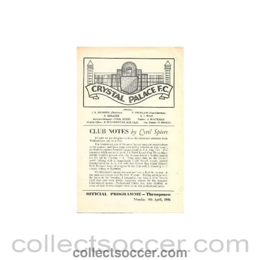 1956 - Crystal Palace v Walthamstow Avenue official programme 09/04/1956, - Collect Soccer