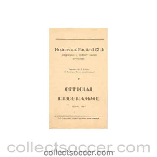1956 - Hednesford Town v Bilston official programme 29/09/1956 Football League - Collect Soccer