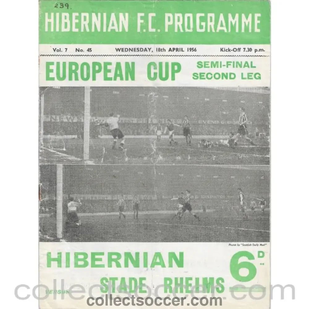1956 - Hibernian v Stade Rheims European Cup Semi Final 2nd Leg Football Programme - Collect Soccer