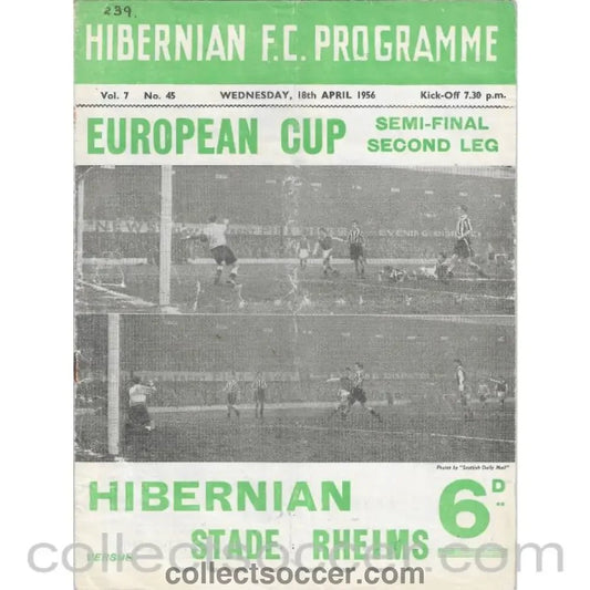 1956 - Hibernian v Stade Rheims European Cup Semi Final 2nd Leg Football Programme - Collect Soccer