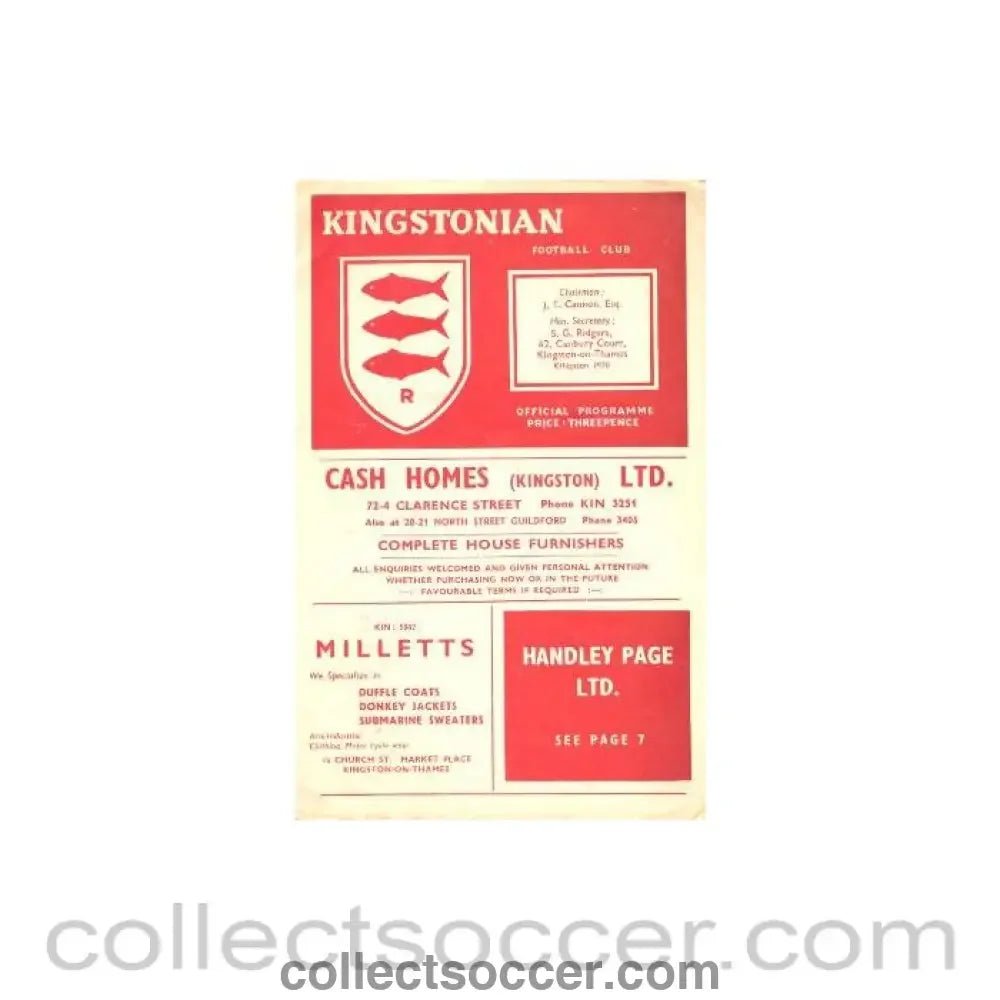 1956 - Kingstonian v Cor. Casuals official programme 25/08/1956 - Collect Soccer
