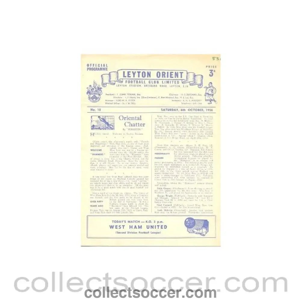 1956 - Leyton Orient v West Ham United official programme 06/10/1956 - Collect Soccer