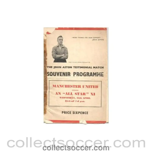 1956 - Manchester United v All Star XI official programme 25/04/1956 John Aston Testimonial Match, reduced price - Collect Soccer