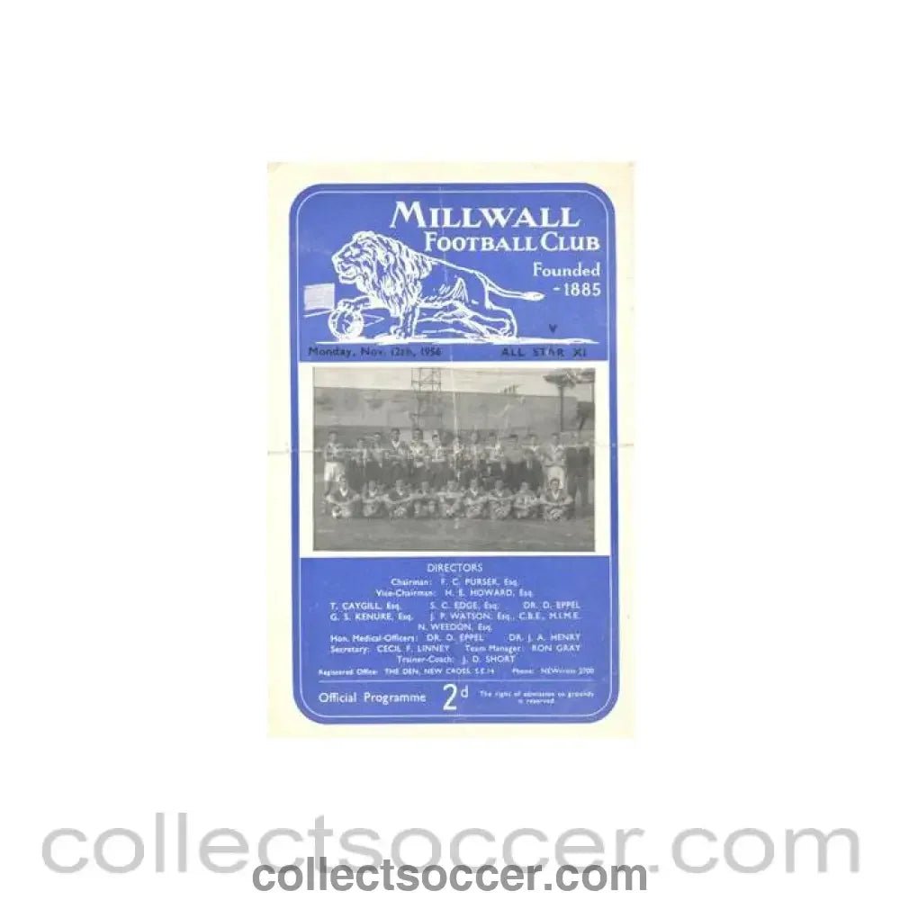 1956 - Millwall v All Star XI official programme 12/11/1956 Benefit Match - Collect Soccer