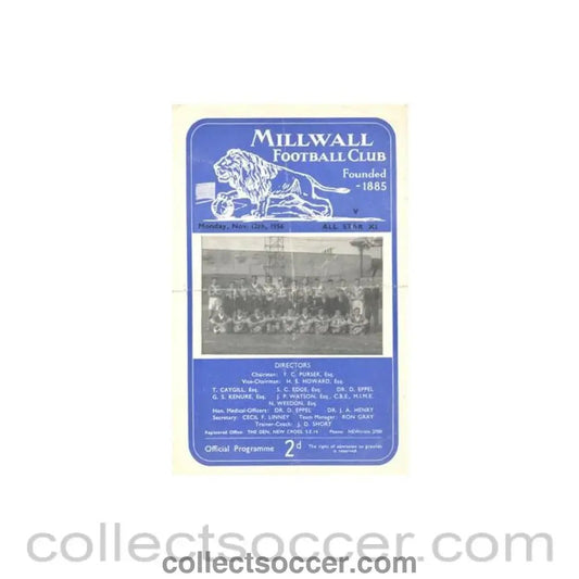 1956 - Millwall v All Star XI official programme 12/11/1956 Benefit Match - Collect Soccer